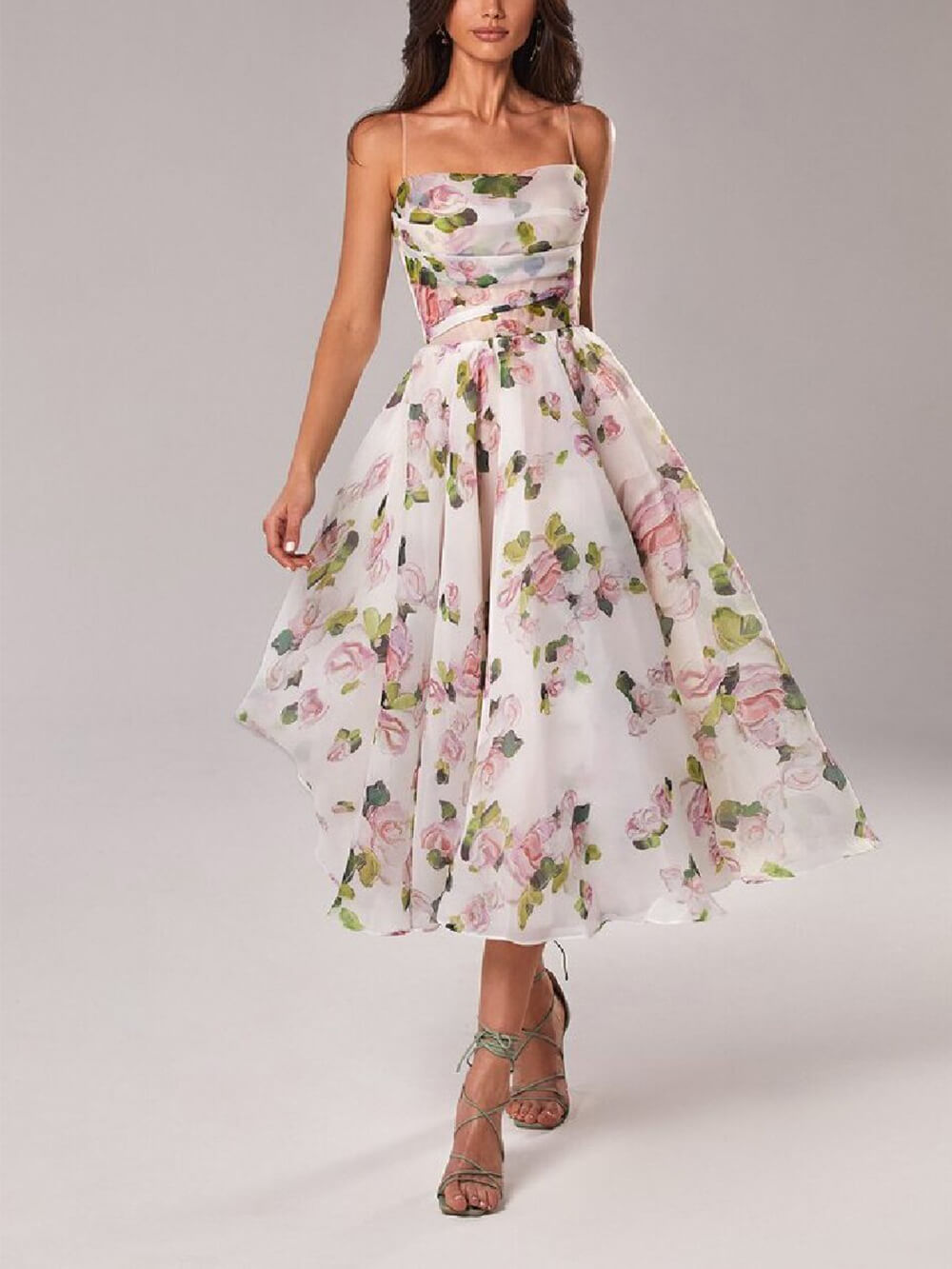 Women's Sheer Organza Large Scale Painterly Rose Print Spaghetti Strap Draped Straight Neckline Fitted Bodice Full Pleated A-Line Midi Dress