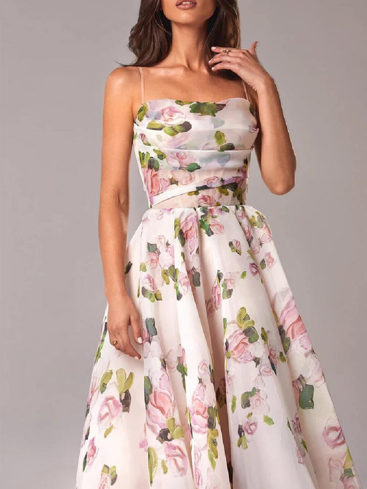 Women's Sheer Organza Large Scale Painterly Rose Print Spaghetti Strap Draped Straight Neckline Fitted Bodice Full Pleated A-Line Midi Dress