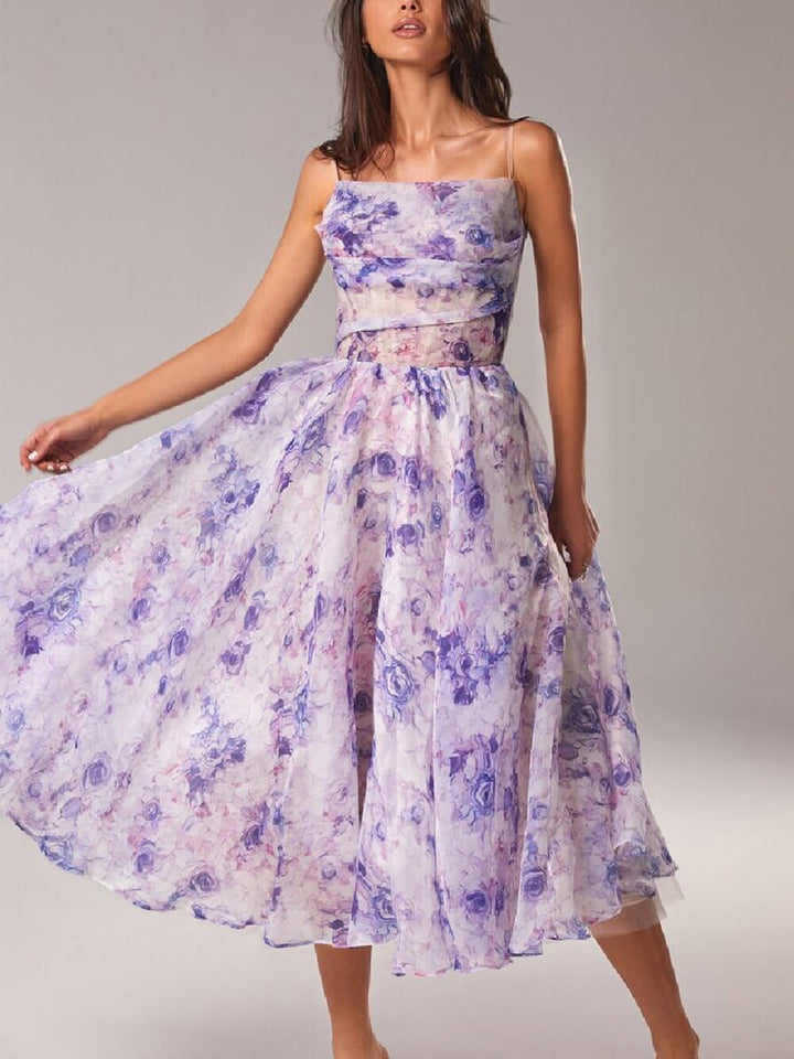Women's Sheer Organza Large Scale Painterly Rose Print Spaghetti Strap Draped Straight Neckline Fitted Bodice Full Pleated A-Line Midi Dress