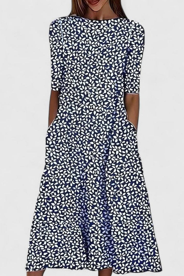 Women's Short Sleeve Round Neck Botanical Stem Leaf Print A-Line Midi Dress with Wide Full Skirt and Side Pockets