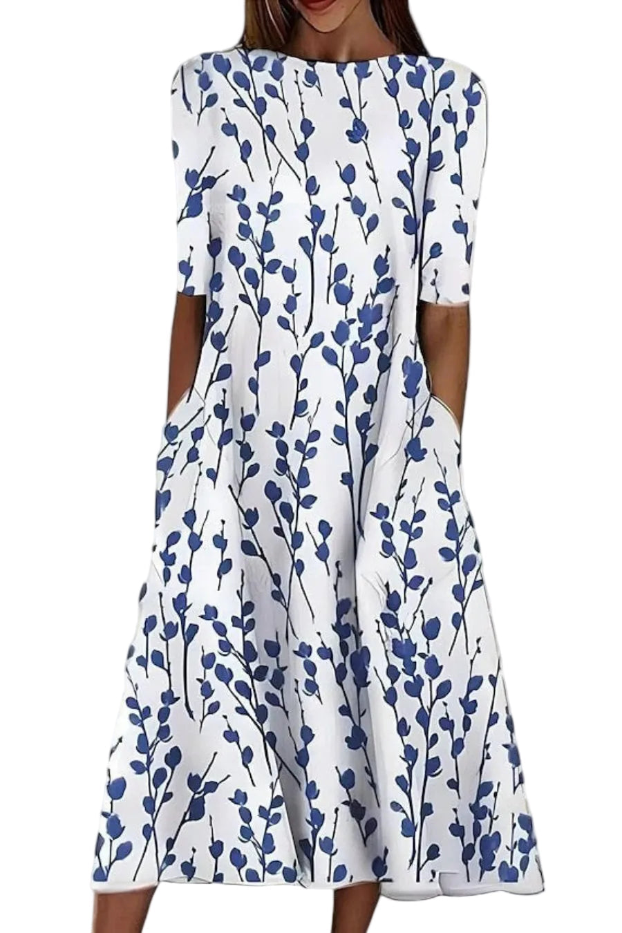 Women's Short Sleeve Round Neck Botanical Stem Leaf Print A-Line Midi Dress with Wide Full Skirt and Side Pockets