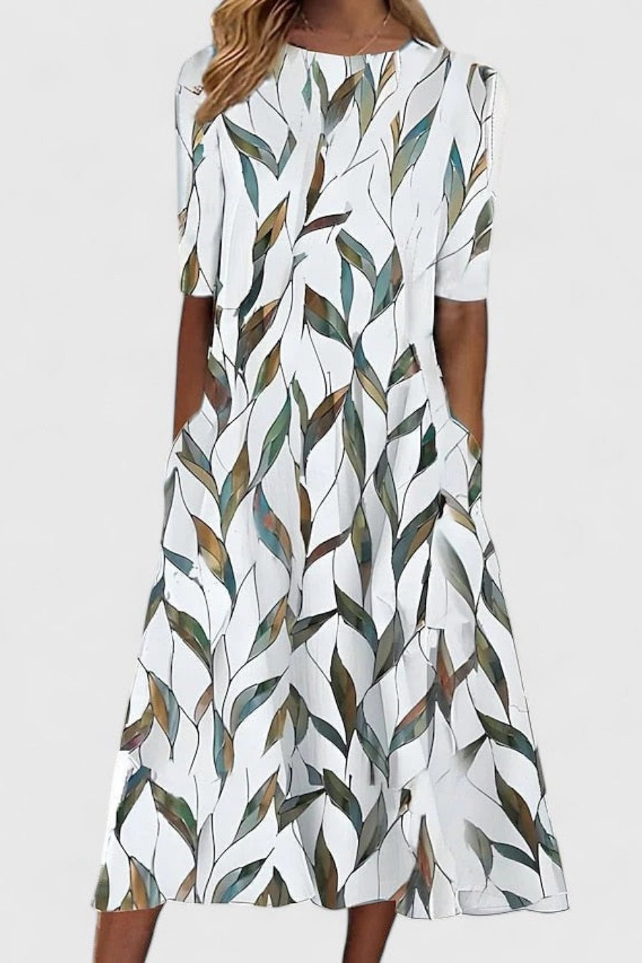 Women's Short Sleeve Round Neck Botanical Stem Leaf Print A-Line Midi Dress with Wide Full Skirt and Side Pockets