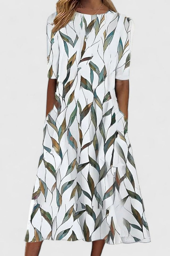 Women's Short Sleeve Round Neck Botanical Stem Leaf Print A-Line Midi Dress with Wide Full Skirt and Side Pockets