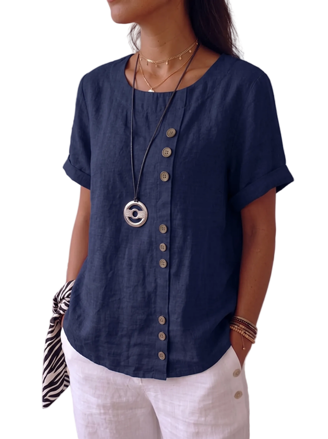 Women's Short Sleeve Round Neck Decorative Button Front Rolled Cuff Relaxed Oversized Solid Blouse Top