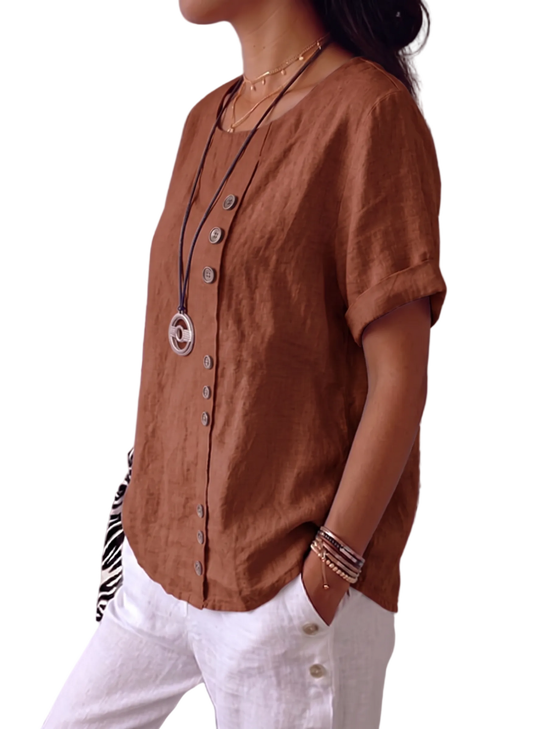 Women's Short Sleeve Round Neck Decorative Button Front Rolled Cuff Relaxed Oversized Solid Blouse Top
