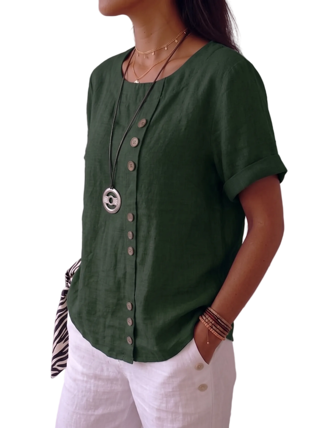 Women's Short Sleeve Round Neck Decorative Button Front Rolled Cuff Relaxed Oversized Solid Blouse Top