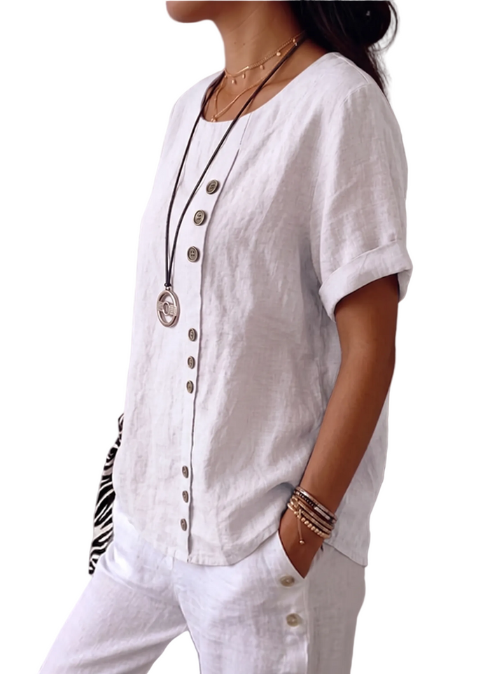Women's Short Sleeve Round Neck Decorative Button Front Rolled Cuff Relaxed Oversized Solid Blouse Top