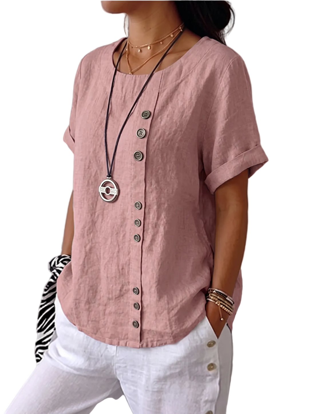 Women's Short Sleeve Round Neck Decorative Button Front Rolled Cuff Relaxed Oversized Solid Blouse Top