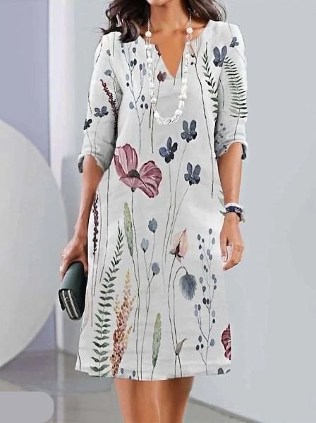 omen's Short Sleeve Round Neck Sheer Overlay Floral Print A-Line Midi Dress with Layered Hem