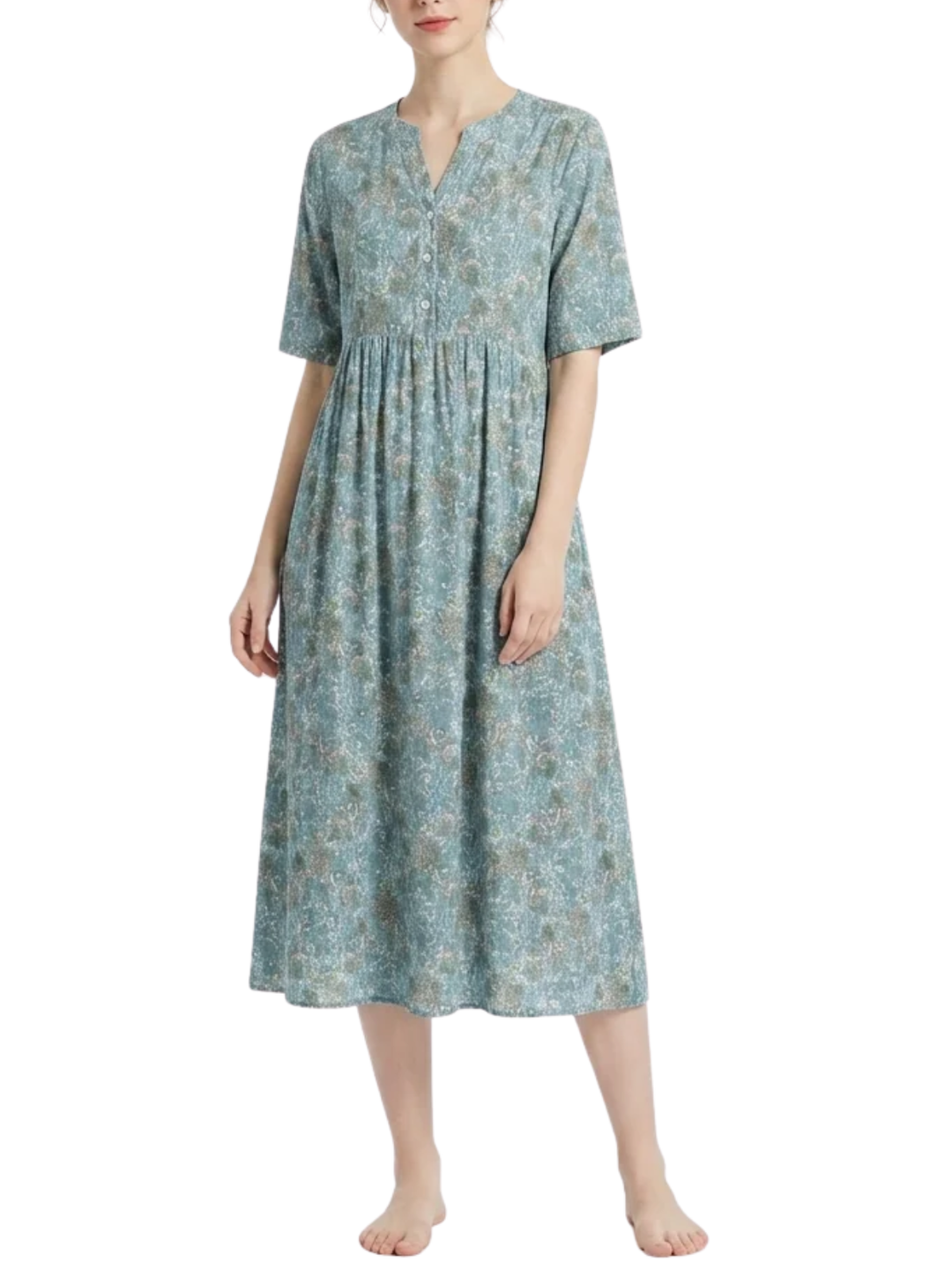 Women's Short Sleeve V Neck Partial Button Front Ditsy Floral Print Midi Dress with Gathered Waist Seam and Side Pockets