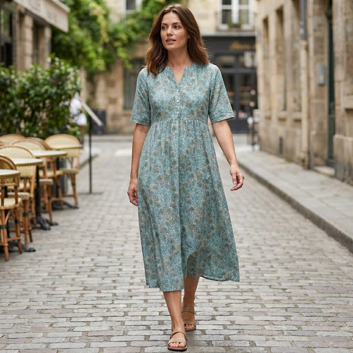 Women's Short Sleeve V Neck Partial Button Front Ditsy Floral Print Midi Dress with Gathered Waist Seam and Side Pockets