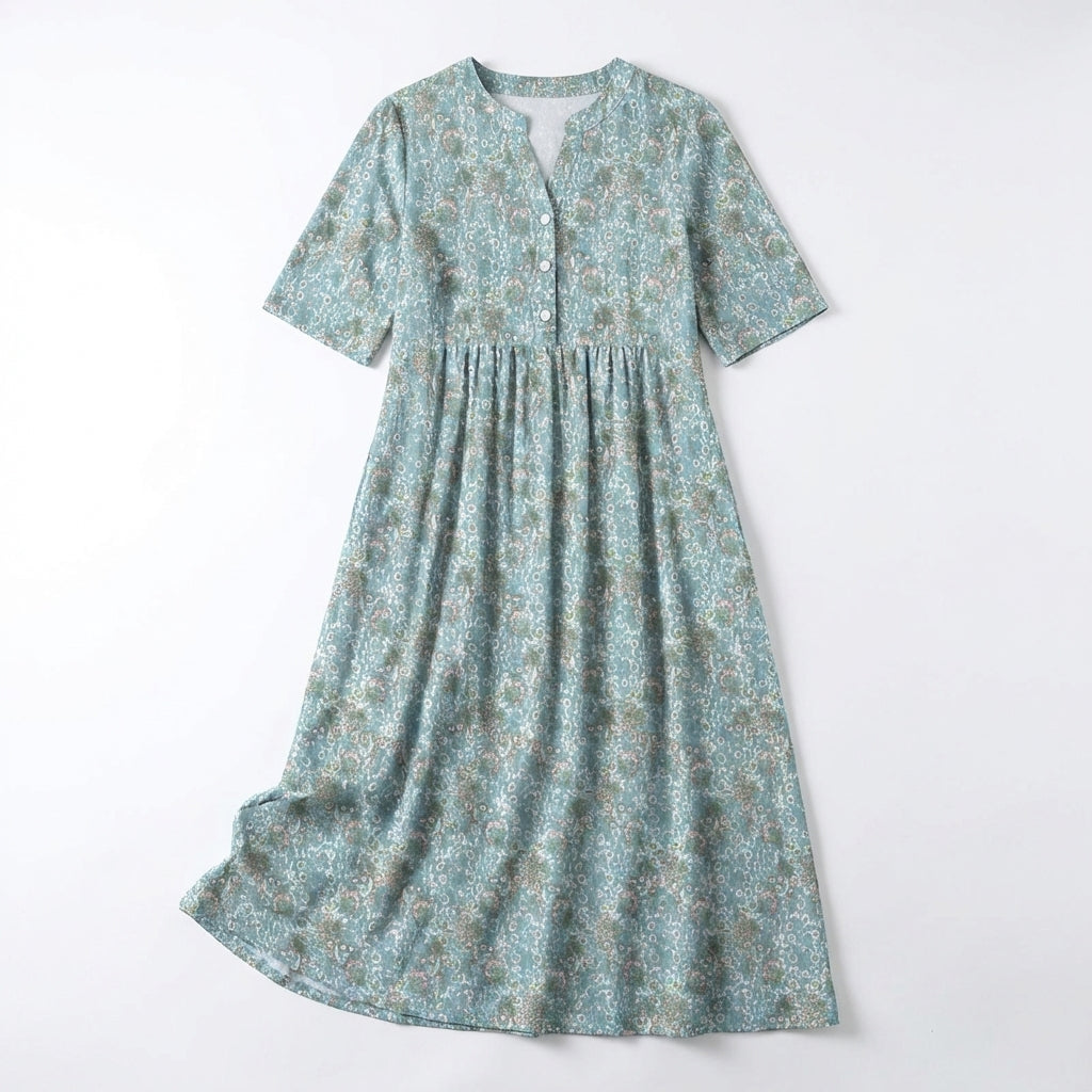 Women's Short Sleeve V Neck Partial Button Front Ditsy Floral Print Midi Dress with Gathered Waist Seam and Side Pockets