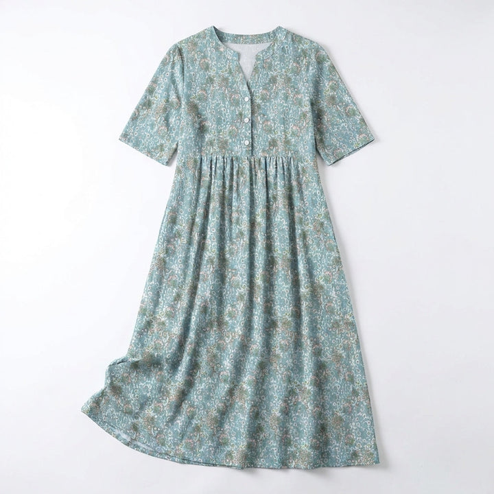 Women's Short Sleeve V Neck Partial Button Front Ditsy Floral Print Midi Dress with Gathered Waist Seam and Side Pockets