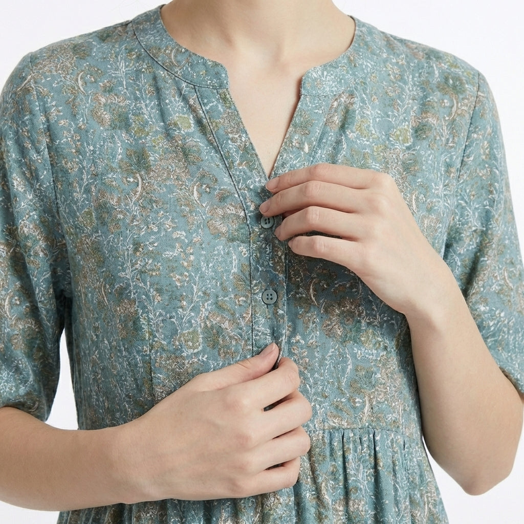 Women's Short Sleeve V Neck Partial Button Front Ditsy Floral Print Midi Dress with Gathered Waist Seam and Side Pockets