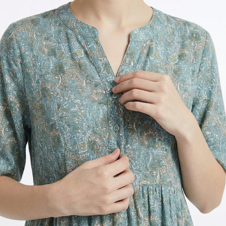 Women's Short Sleeve V Neck Partial Button Front Ditsy Floral Print Midi Dress with Gathered Waist Seam and Side Pockets
