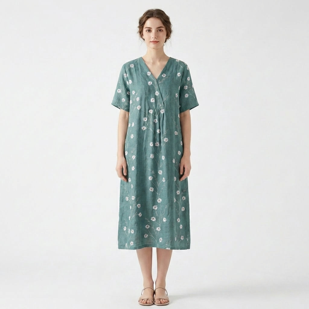 Women's Short Sleeve Wrap V Neck Large Scale Watercolor Floral Print Midi Dress with Gathered Waist and Relaxed A-Line Fit