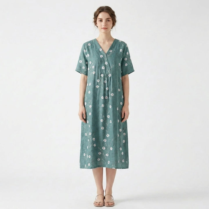 Women's Short Sleeve Wrap V Neck Large Scale Watercolor Floral Print Midi Dress with Gathered Waist and Relaxed A-Line Fit
