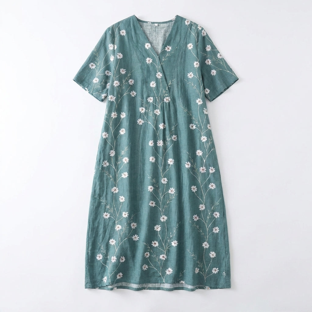 Women's Short Sleeve Wrap V Neck Large Scale Watercolor Floral Print Midi Dress with Gathered Waist and Relaxed A-Line Fit
