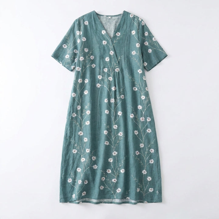Women's Short Sleeve Wrap V Neck Large Scale Watercolor Floral Print Midi Dress with Gathered Waist and Relaxed A-Line Fit