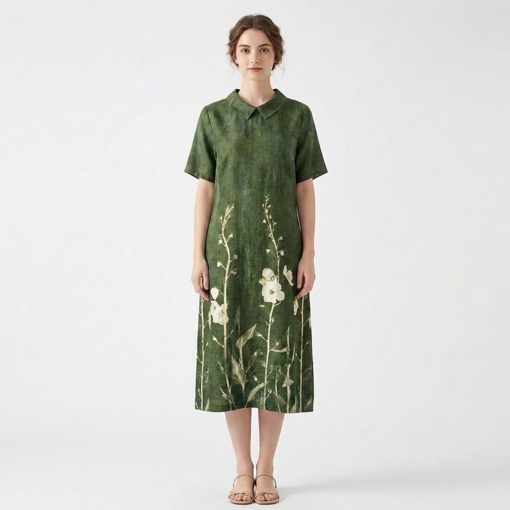 Women's Short Sleeve Wrap V Neck Large Scale Watercolor Floral Print Midi Dress with Gathered Waist and Relaxed A-Line Fit