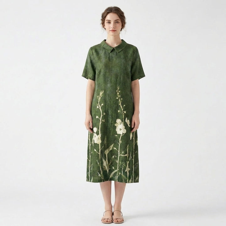 Women's Short Sleeve Wrap V Neck Large Scale Watercolor Floral Print Midi Dress with Gathered Waist and Relaxed A-Line Fit