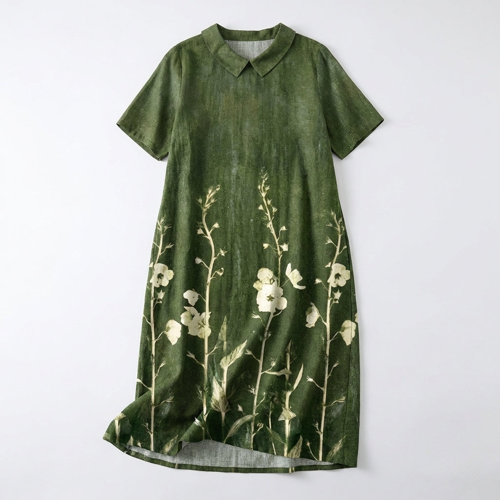 Women's Short Sleeve Wrap V Neck Large Scale Watercolor Floral Print Midi Dress with Gathered Waist and Relaxed A-Line Fit