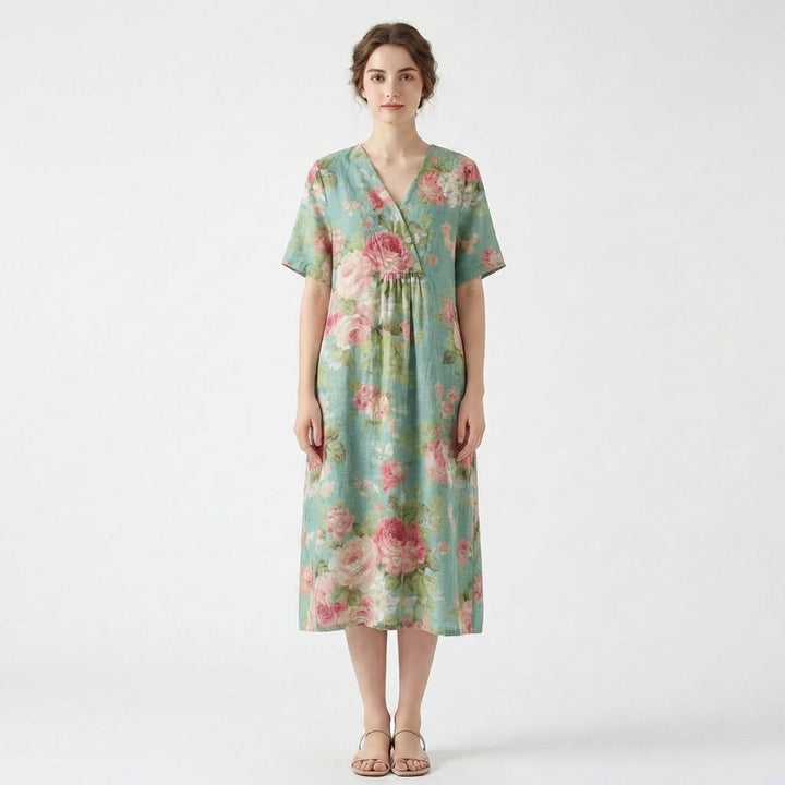 Women's Short Sleeve Wrap V Neck Large Scale Watercolor Floral Print Midi Dress with Gathered Waist and Relaxed A-Line Fit