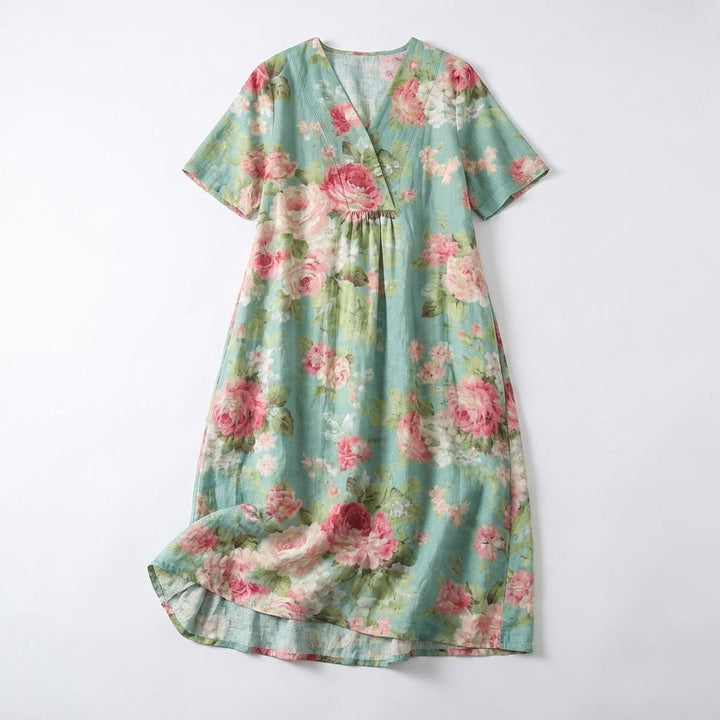 Women's Short Sleeve Wrap V Neck Large Scale Watercolor Floral Print Midi Dress with Gathered Waist and Relaxed A-Line Fit