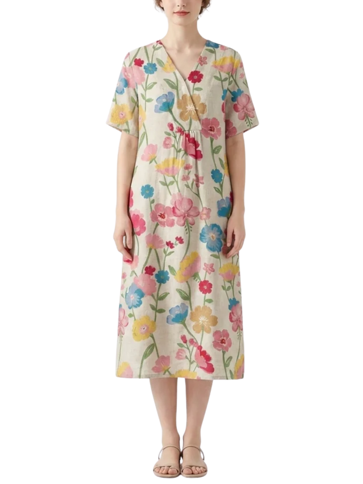 Women's Short Sleeve Wrap V Neck Large Scale Watercolor Floral Print Midi Dress with Gathered Waist and Relaxed A-Line Fit