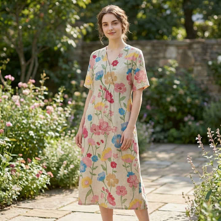 Women's Short Sleeve Wrap V Neck Large Scale Watercolor Floral Print Midi Dress with Gathered Waist and Relaxed A-Line Fit