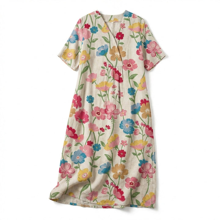 Women's Short Sleeve Wrap V Neck Large Scale Watercolor Floral Print Midi Dress with Gathered Waist and Relaxed A-Line Fit
