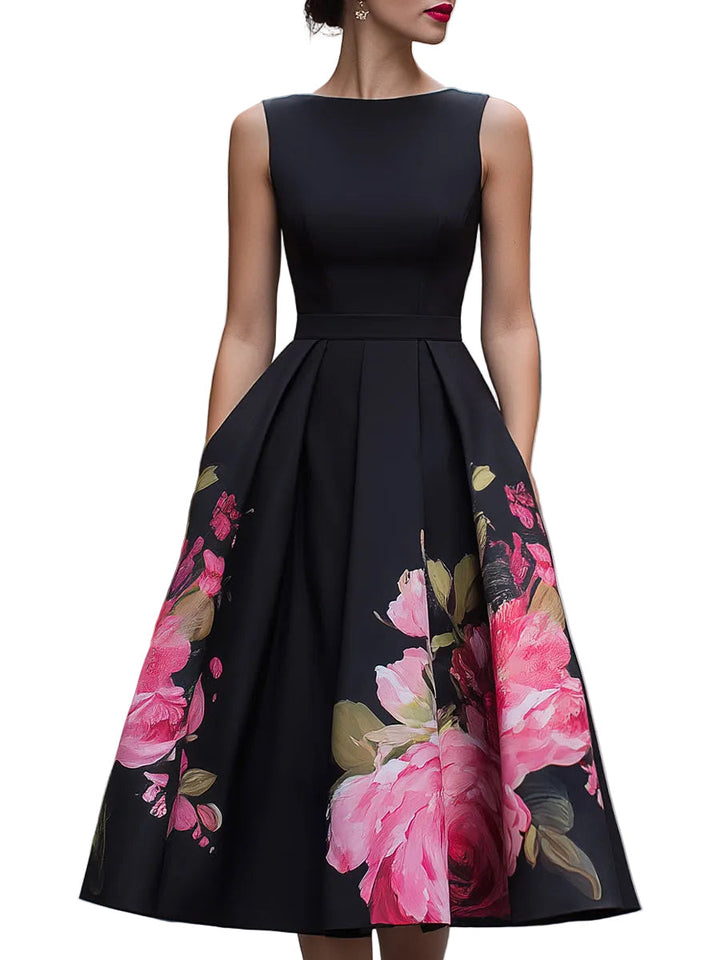 Women's Sleeveless Bateau Neck Fitted Bodice Box Pleat A-Line Midi Dress with Large Scale Floral Border Print Skirt