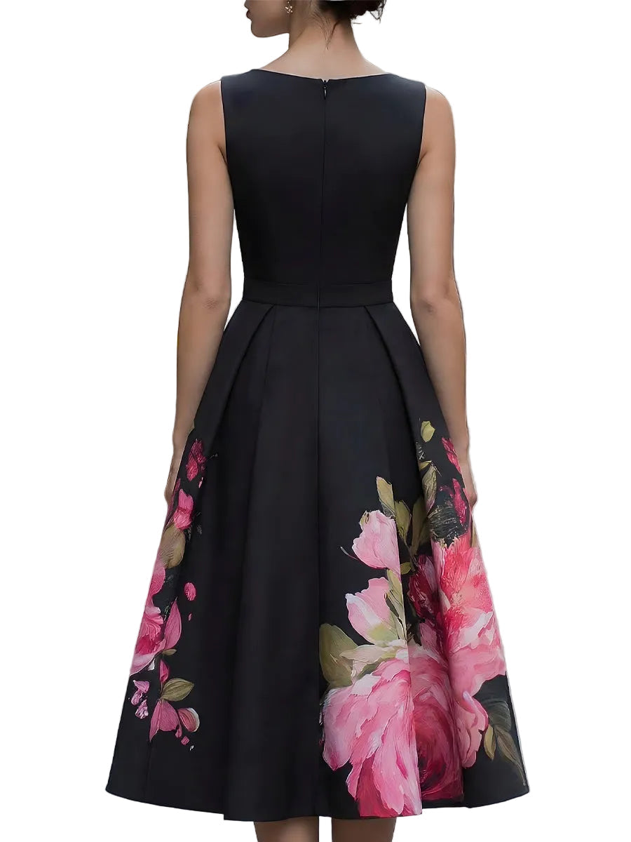 Women's Sleeveless Bateau Neck Fitted Bodice Box Pleat A-Line Midi Dress with Large Scale Floral Border Print Skirt