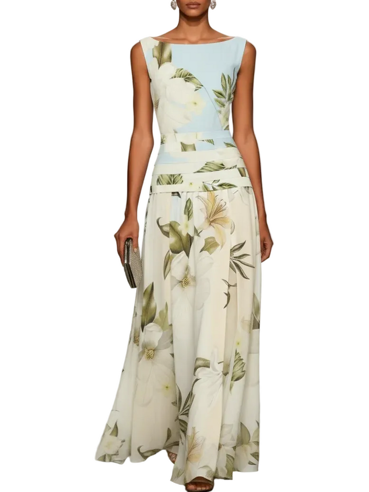 Women's Sleeveless Boat Neck Structured Lattice Banded Waistband Large Scale Botanical Floral Print A-Line Maxi Dress