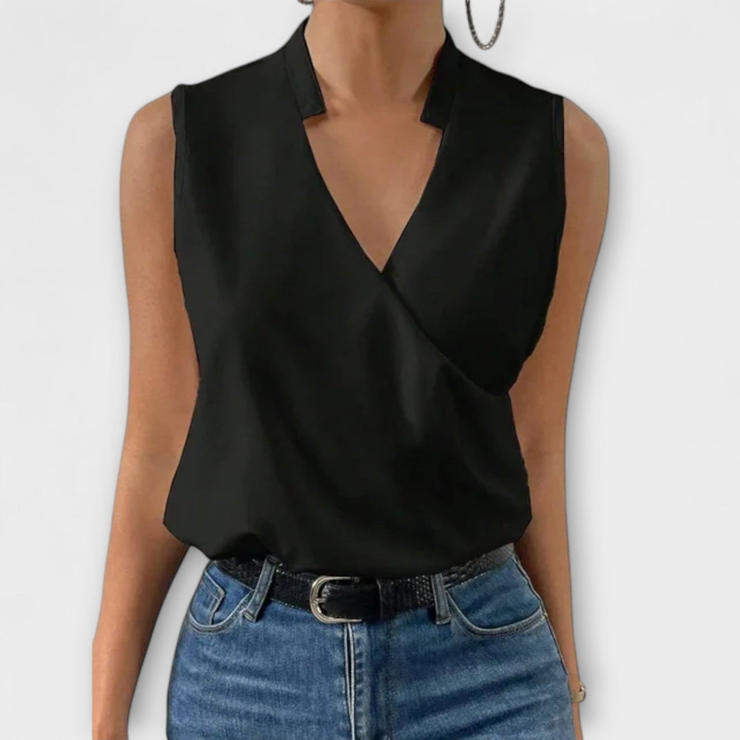 Women's Sleeveless Collared Surplice Wrap Deep V Neck Fitted Smooth Blouse Tank Top Solid Plain
