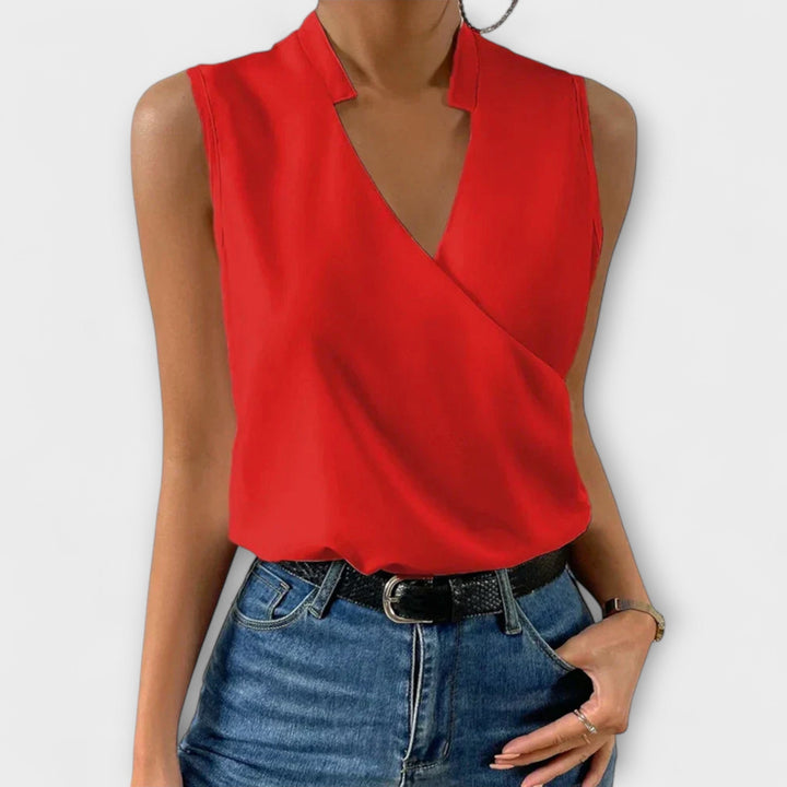 Women's Sleeveless Collared Surplice Wrap Deep V Neck Fitted Smooth Blouse Tank Top Solid Plain