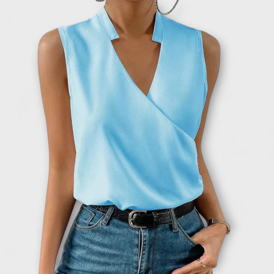 Women's Sleeveless Collared Surplice Wrap Deep V Neck Fitted Smooth Blouse Tank Top Solid Plain