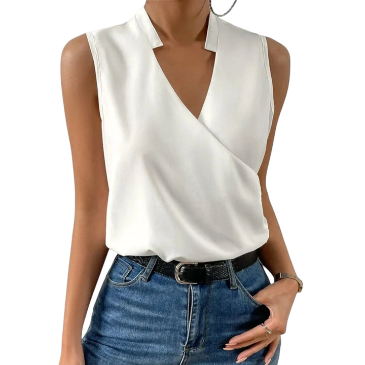 Women's Sleeveless Collared Surplice Wrap Deep V Neck Fitted Smooth Blouse Tank Top Solid Plain