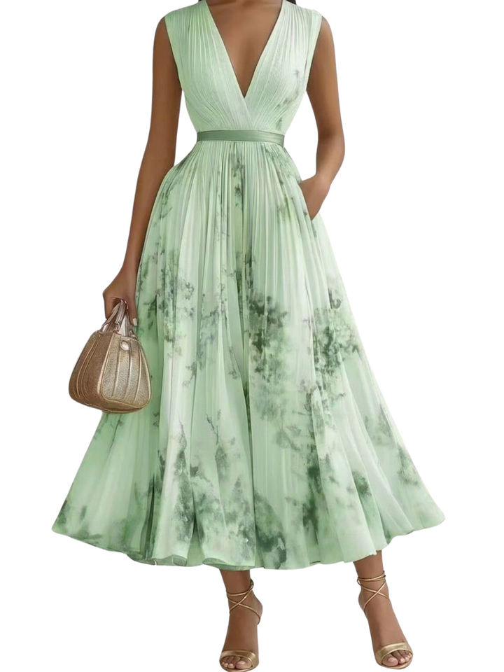 Women's Sleeveless Deep V Neck Pleated Watercolor Floral Print Midi Dress with Gathered Bodice and Contrast Waistband