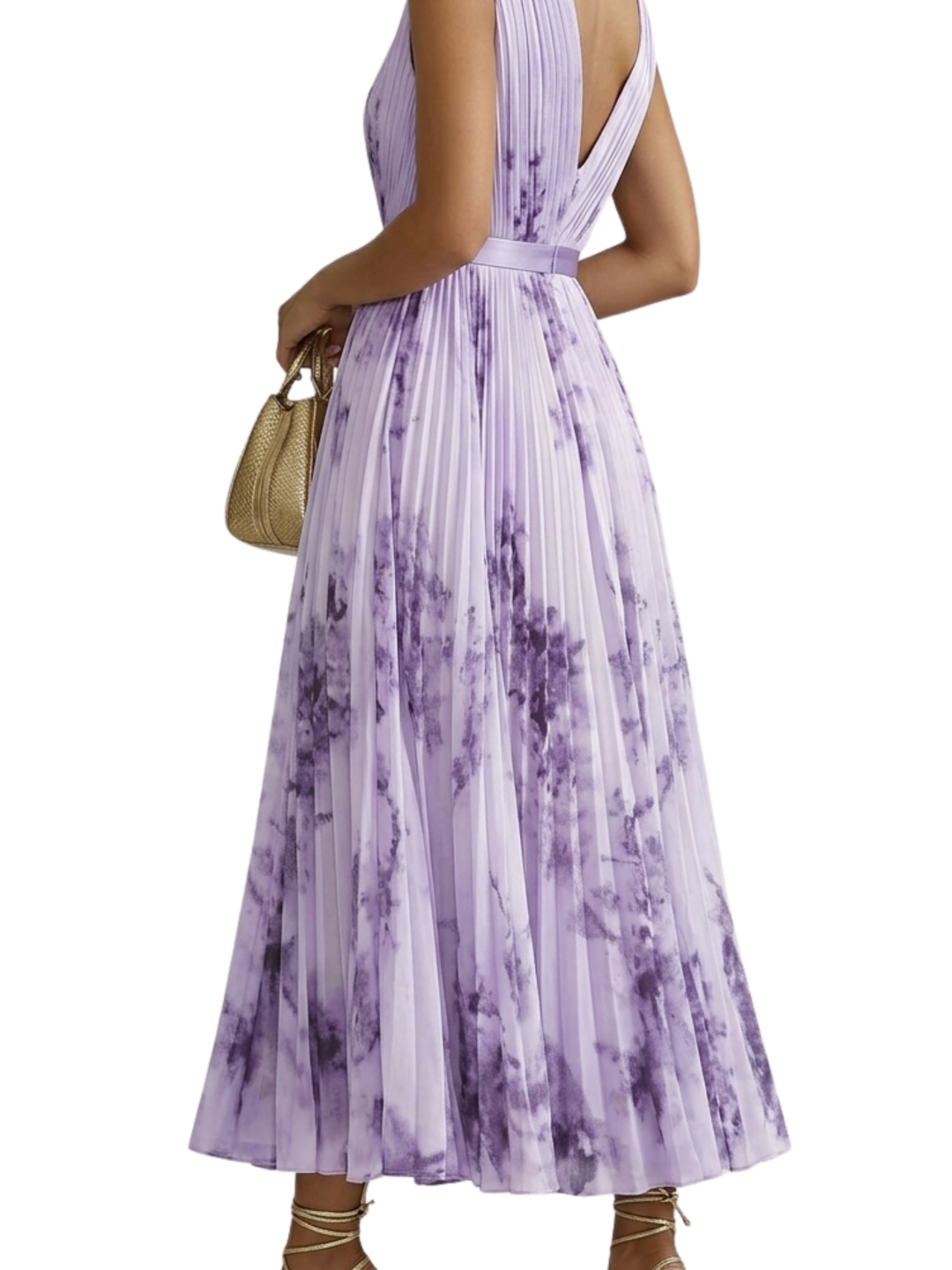 Women's Sleeveless Deep V Neck Pleated Watercolor Floral Print Midi Dress with Gathered Bodice and Contrast Waistband