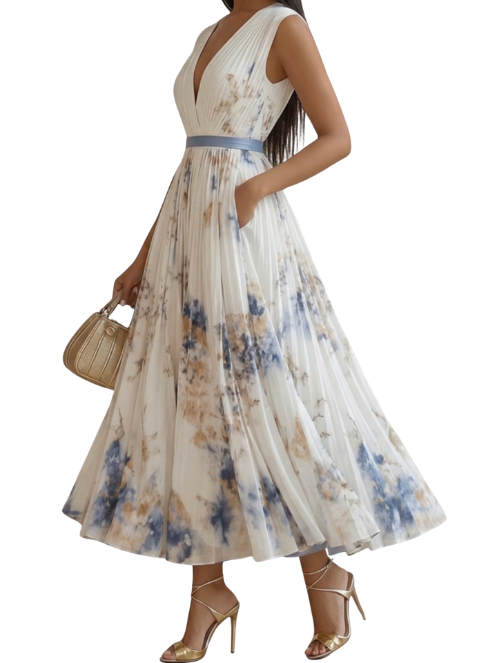 Women's Sleeveless Deep V Neck Pleated Watercolor Floral Print Midi Dress with Gathered Bodice and Contrast Waistband