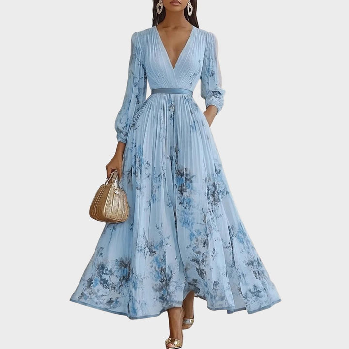 Women's Sleeveless Deep V-Neck Ruched Plain Bodice Contrast Ribbon Waist Belt Watercolour Floral Pleated Full A-Line Maxi Dress