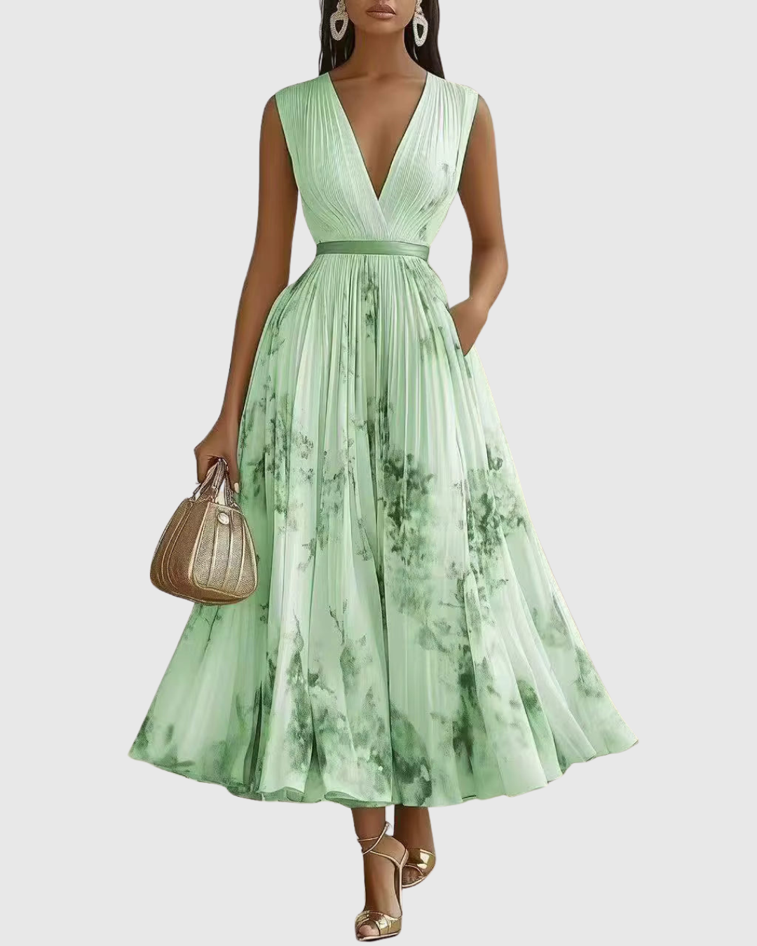 Women's Sleeveless Deep V-Neck Ruched Plain Bodice Contrast Ribbon Waist Belt Watercolour Floral Pleated Full A-Line Maxi Dress