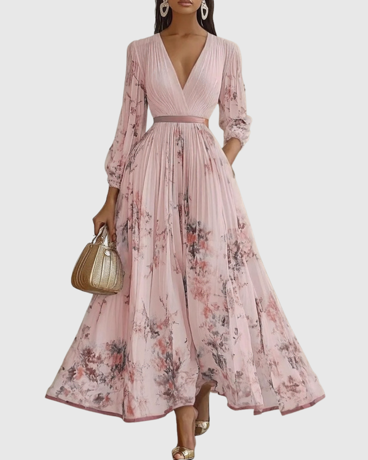Women's Sleeveless Deep V-Neck Ruched Plain Bodice Contrast Ribbon Waist Belt Watercolour Floral Pleated Full A-Line Maxi Dress