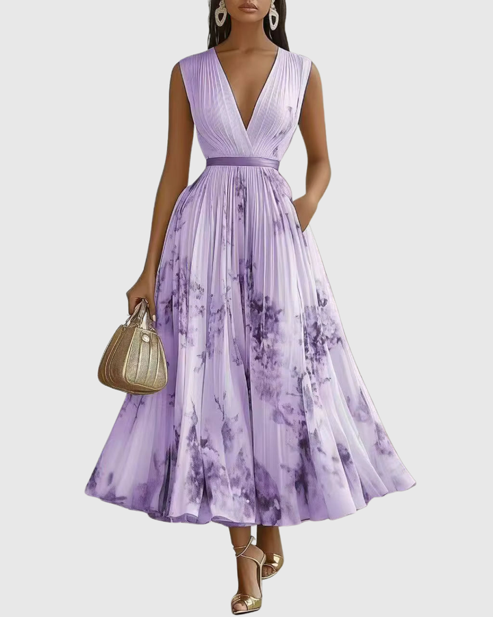 Women's Sleeveless Deep V-Neck Ruched Plain Bodice Contrast Ribbon Waist Belt Watercolour Floral Pleated Full A-Line Maxi Dress