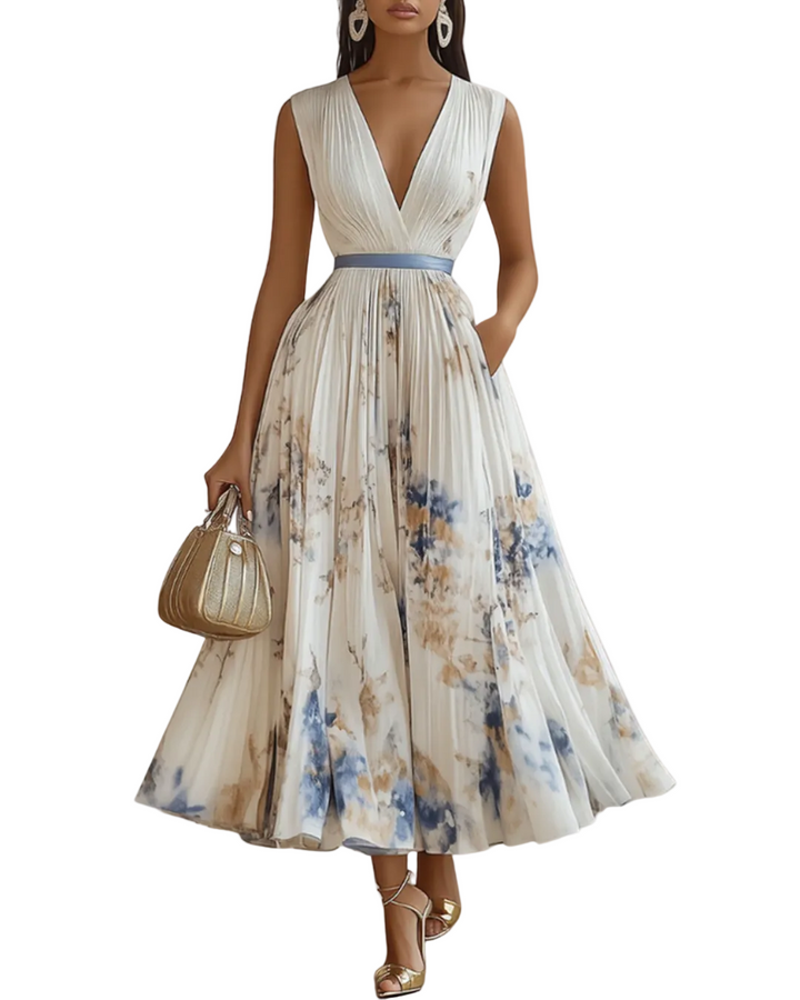 Women's Sleeveless Deep V-Neck Ruched Plain Bodice Contrast Ribbon Waist Belt Watercolour Floral Pleated Full A-Line Maxi Dress