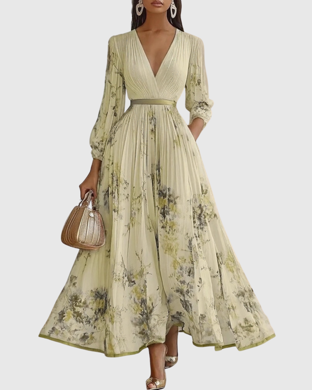 Women's Sleeveless Deep V-Neck Ruched Plain Bodice Contrast Ribbon Waist Belt Watercolour Floral Pleated Full A-Line Maxi Dress