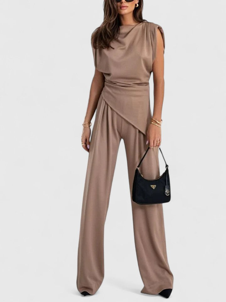 Women's Sleeveless Round Neck Structured Shoulder Twisted Ruched Waist Top Wide Leg High Waist Pants Two Piece Matching Set