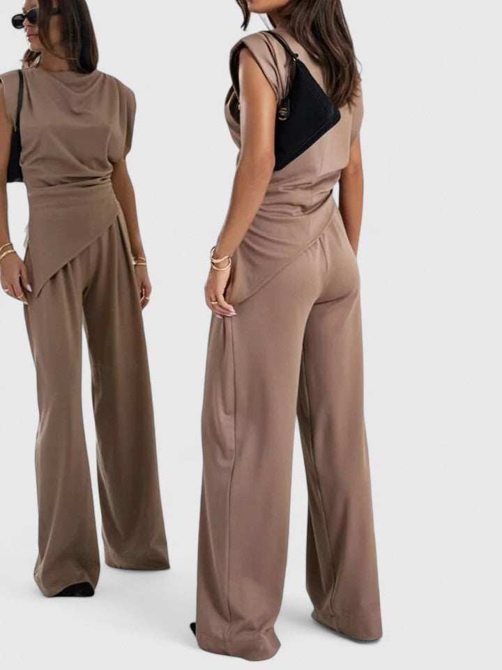 Women's Sleeveless Round Neck Structured Shoulder Twisted Ruched Waist Top Wide Leg High Waist Pants Two Piece Matching Set