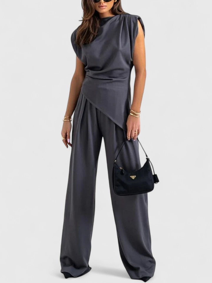 Women's Sleeveless Round Neck Structured Shoulder Twisted Ruched Waist Top Wide Leg High Waist Pants Two Piece Matching Set